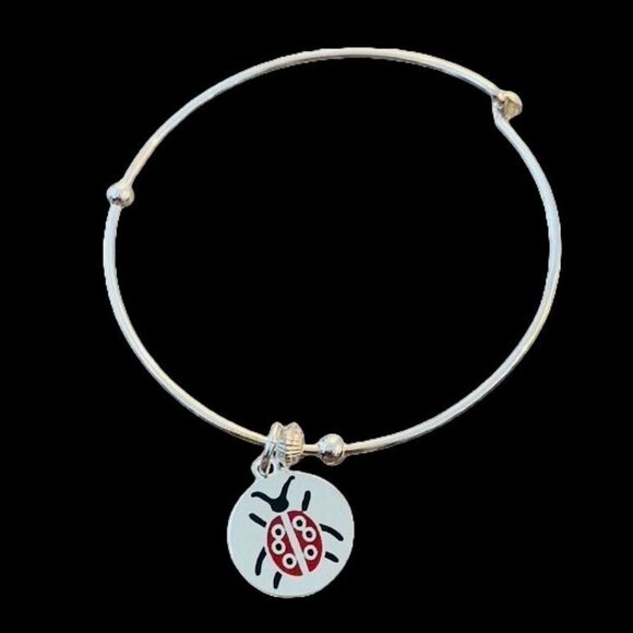 Ladybug Charm Bracelet – Silver Wire Bangle Signed Vantel Pearls - Picture 1 of 7